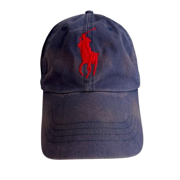Vtg Polo Ralph Lauren Hat Big Pony Number 3 Adjustable Strapback Cap Navy Red - Picture 1 of 11
